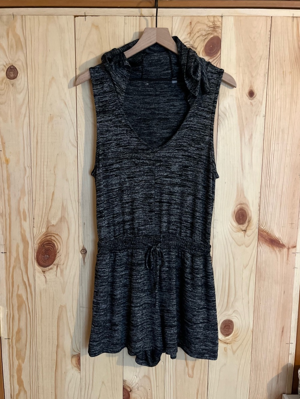Athleta Charcoal Grey Black Hooded Romper W/ Pockets & Functional Drawstring